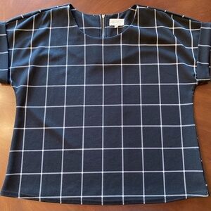 Melloday Black Windowpane Grid Blouse Rolled Sleeve Zip Back Size M
